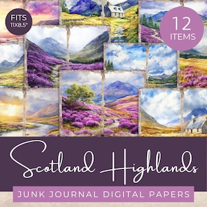 Scotland Highlands Junk Journal Papers, Scottish Heather Landscape Journal Paper, Scotland Travel Scrapbooking Pages, Scottish Cottage