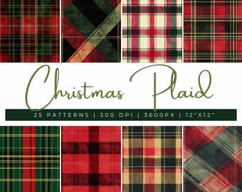 May include: 25 digital paper patterns featuring red, green, and white plaid designs. The patterns are 300 DPI and 3600 pixels in size, perfect for crafting and digital projects.