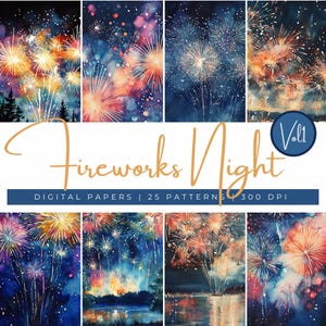 Papel de acuarela con fuegos artificiales nocturnos, fondos digitales de fuegos artificiales festivos, fondos para fiestas de fuegos artificiales de Año Nuevo, libro de arte con cielos nocturnos festivos