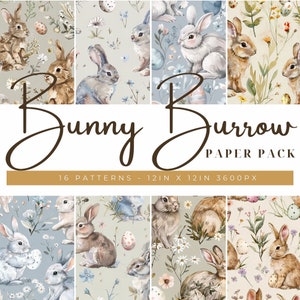 Op de afbeelding: Een digitaal papierpakket met 16 patronen met aquarel illustraties van konijnen, eieren en bloemen. De patronen zijn 30,48 cm bij 30,48 cm en 3600 pixels. De tekst "Bunny Burrow Paper Pack" staat op de afbeelding.