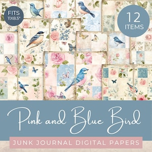 Carta da giornale con trapunta di uccelli rosa e blu, pagine con rose e farfalle vintage, pagine per scrapbooking shabby chic, collage patchwork floreale