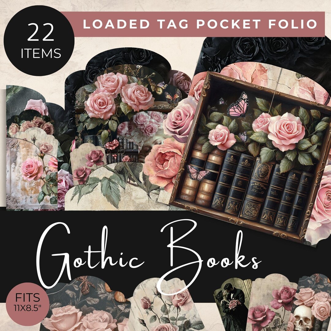 Gothic Books Loaded Tag Pocket Folio, Dark Floral Book Ephemera Kit ...