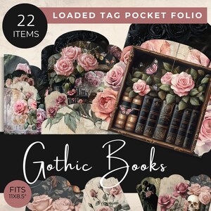 Gothic Books Loaded Tag Pocket Folio, Dark Floral Book Ephemera Kit, Romantic Gothic Journal Tags & Pockets, Victorian Gothic Junk Journal