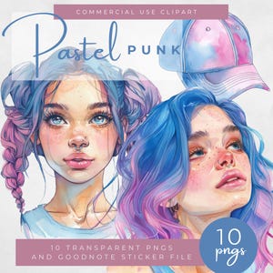 Può includere: Due illustrazioni digitali di donne con capelli blu e rosa. Le donne hanno un'estetica punk pastello. Le illustrazioni sono in stile acquerello. Il testo "Pastel Punk" è in alto nell'immagine. Il testo "10 Transparent PNGs and Goodnote Sticker File" è in basso nell'immagine. Il testo "10 pngs" è in un cerchio in basso a destra dell'immagine.