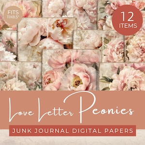 Love Letter Peonies Junk Journal Papers, Blush Pink Floral journal paper, Romantic Flowers Ephemera, Peony Scrapbooking pages, Vintage Peony