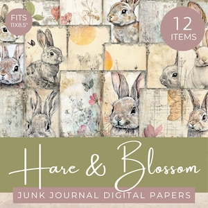 Confezione di carta per diario pasquale Hare & Blossom, carta digitale con illustrazioni di conigli e fiori, kit per scrapbooking di ispirazione vintage con conigli