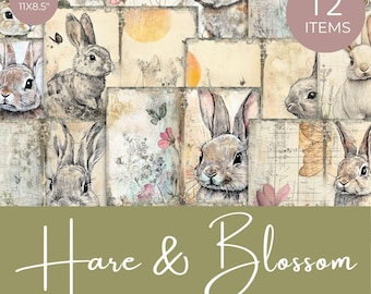 Hare & Blossom Easter Junk Journal Paper Pack, Rabbit and Flower Illustration Digital Papers, Bunny Vintage-Inspired Scrapbooking Kit