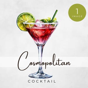 Cosmopolitan Cocktail Clipart, Watercolour Martini Glass Illustration, Classic Cocktail Art, Cosmopolitan Drink Art, Bar Menu Illustration