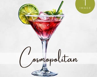 Cosmopolitan Cocktail Clipart, Watercolour Martini Glass Illustration, Classic Cocktail Art, Cosmopolitan Drink Art, Bar Menu Illustration