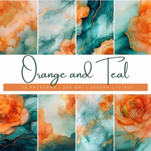 Clipart de textura abstrata floral laranja e azul-petróleo, fundos abstratos luxuosos, textura de tinta a álcool laranja, textura dourada