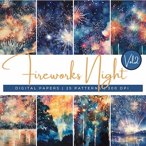 Fondos de fiesta de fuegos artificiales de Año Nuevo, papel de acuarela de noches de fuegos artificiales, fondos digitales de fuegos artificiales festivos, libro de arte de cielo nocturno festivo