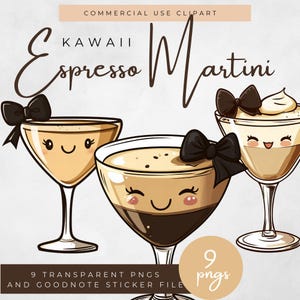 Clipart kawaii espresso martini, leuke cocktailillustratie, kawaii cocktailkunst, martiniglas kawaii-illustraties, clipart koffiecocktail, koffiecocktail