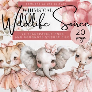 Clipart di elefanti da festa, adesivi per feste di fauna selvatica, adesivi Goodnotes, bella arte di tigre rosa, palloncini acquerellati, grafica per feste