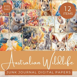 Papiers de journal indésirable de la faune australienne, album de coupures de la nature australienne, pages imprimables vintage kangourou, papiers de journalisation indésirable coloré koala