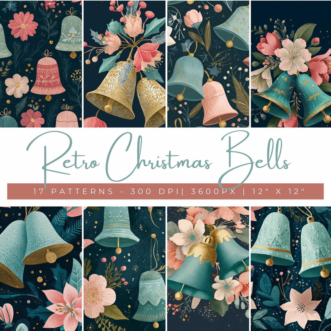 Retro Christmas Bells With Flowers Digital Paper, Vintage Holiday ...