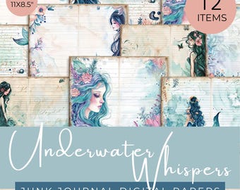 Underwater Whispers Junk Journal Papers, Mermaid Notebook, Printable Mermaid Ephemera, Oceanic Enchantment for Scrapbooking, Junk Journaling