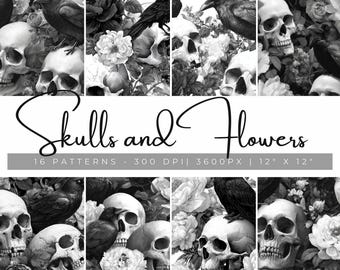 Black and White Skull & Floral Digital Papers, Gothic Floral Backgrounds, Dark Academia Scrapbook Paper, Skull Roses Aesthetic Papers