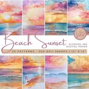 May include: A digital paper pack featuring 20 patterns of beach sunsets in various shades of pink, orange, and blue. The patterns are 300 DPI, 3600 pixels, and 12 inches by 12 inches.