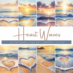 Heart Waves Valentine’s Day Digital Papers, ondas românticas em forma de coração em aquarela e fundos de praia arenosa, gráficos românticos de praia