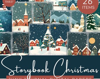 Puede incluir: 26 papeles digitales con una escena de pueblo navideño de cuento de invierno con casas cubiertas de nieve, un árbol de Navidad decorado y un cielo estrellado. Los papeles están diseñados para el diario de chatarra y miden 11x8,5 pulgadas.