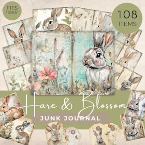 Kit de diário de lixo Hare & Blossom, ilustração de coelho e flor, páginas de diário para impressão floral, cartões de diário de coelho, etiqueta de diário de arte de primavera