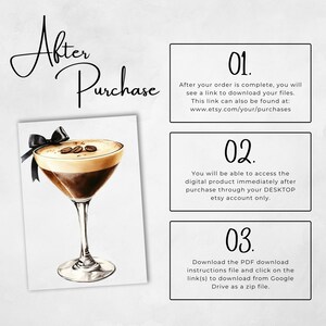 May include: A digital illustration of a coffee cocktail with a black ribbon and coffee beans on top. The image is accompanied by text explaining the steps to access digital products after purchase on Etsy.