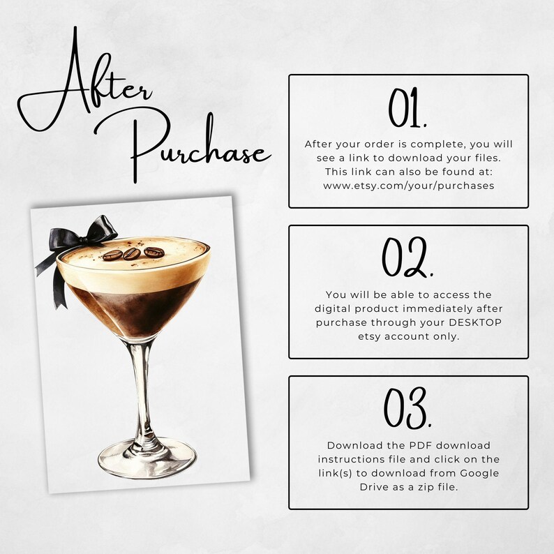May include: A digital illustration of a coffee cocktail with a black ribbon and coffee beans on top. The image is accompanied by text explaining the steps to access digital products after purchase on Etsy.
