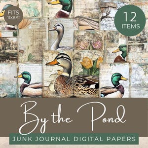 Papiers de journal indésirable au bord du canard de l'étang, kit de collage imprimable sur le thème de la nature, pages de scrapbooking vintage sur l'étang, papiers imprimables indésirable de la sauvagine