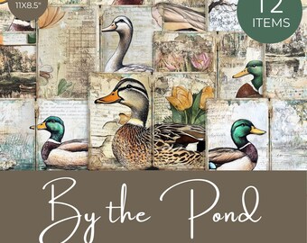 By The Pond Duck Junk Journal Papers, Printable Nature-Themed Collage Kit, Vintage Pond Scrapbook Pages, Waterfowl Junk Printable Papers
