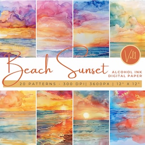May include: A digital paper pack featuring 20 patterns of alcohol ink sunsets over the ocean. The patterns are 300 DPI, 3600 pixels, and 12 inches by 12 inches.