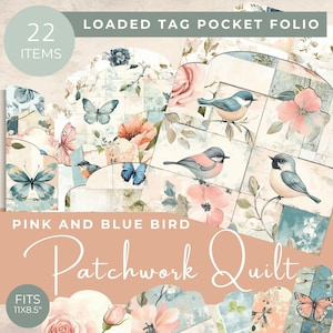 Patchwork oiseau rose et bleu chargé pochette folio, kit journal floral indésirable vintage, imprimés Nature vintage, album papillon oiseau