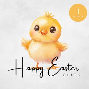 May include: A cute yellow chick with big eyes and a happy expression. The chick is standing on a white background with the text "Happy Easter Chick" written below it.