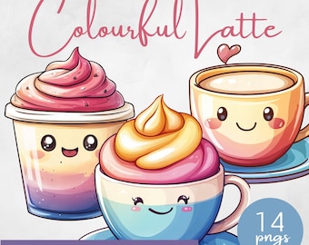 Colourful Kawaii Latte Clipart, Cute Coffee Illustration, Bright Kawaii Coffee Cup Art, Cute Kawaii Drinks Clipart, Pastel Coffee Shop Art