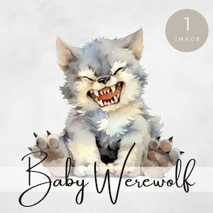 Baby Werewolf Clipart, Cute Halloween Wolf Pup with Fangs, Spooky Monster Animal Illustration, Gothic Kawaii Art, Halloween Werewolf Image