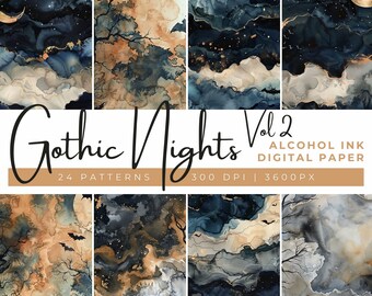 Gothic Nights Digital Paper, Halloween Back Drop, Spooky Backgrounds, Bats Graphics, Navy  and Orange Sky, Bright Moon Art, Gothic Textures