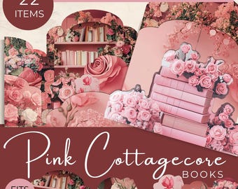 May include: A pink cottagecore themed tag pocket folio with 22 items. The design features pink roses, bookshelves, and the text "Pink Cottagecore Books". The folio fits 11x8.5 inch pages.
