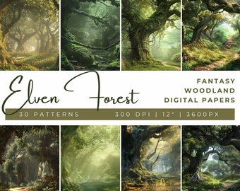 Elven Forest digitale papers, bosbouw clipart, Enchanted Fantasy Woodland Design achtergronden, Fantasy digitaal papier, sprookje afdrukbaar
