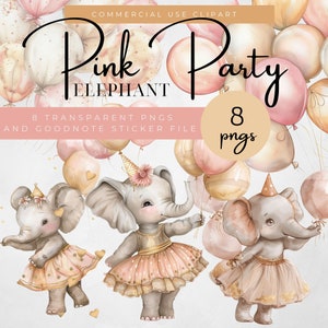 Clipart di elefante rosa per feste, adesivi di elefante per compleanno, adesivi Goodnotes, bella arte di elefante rosa, palloncini acquerellati, grafica per feste