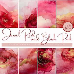 Rot und Rosa Floral Abstrakte Textur Clipart, Luxuriöse Abstrakte Hintergründe, Rosa Alkohol Ink Wasch Textur, Gold Textur Hintergründe
