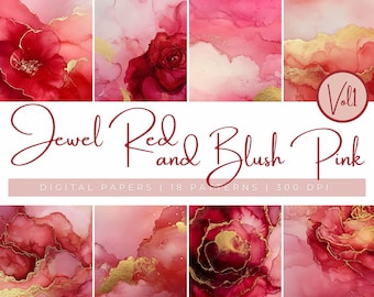 Rode en roze bloemen abstracte textuur clipart, luxe abstracte achtergronden, roze alcoholinkt wastextuur, gouden textuur achtergronden