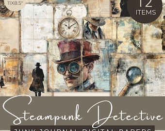 Vintage Steampunk Detective Junk Journal Papers, Printable Victorian Steampunk Ephemera, Murder Mystery Scrapbooking, Crime Junk Journaling