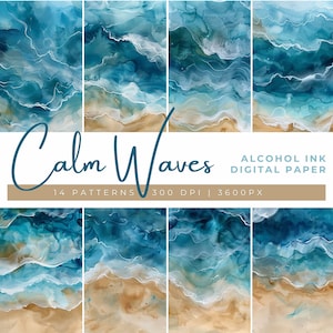 Op de afbeelding: Een digitaal papierpakket met 14 patronen van abstracte blauwe en witte golven op een beige achtergrond. Calm Waves Alcohol Ink Digital Paper 14 Patterns 300 DPI | 3600PX