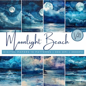 Papeles digitales de playa a la luz de la luna v1, fondos costeros nocturnos, clipart de playa a la luz de la luna, páginas de scrapbooking de playa nocturna, fondo lunar