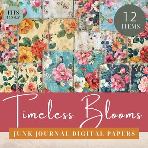 Kit de papel digital para diario basura con flores vintage, páginas de flores estilo shabby chic, páginas imprimibles de flores de jardín, papeles brillantes para diario artístico.