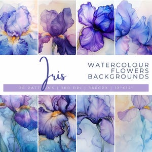 Iris Digital Papers, Watercolor Iris Flower Backgrounds, Purple Floral Graphics, Botanical Scrapbooking Paper, Purple Iris Floral Background