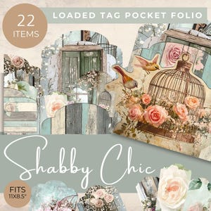 Shabby Chic Loaded Tag Pocket Folio, Vintage Junk Journal Kit, Floral Printable Tags and Pockets, Cottagecore Ephemera, Vintage Bird Cages