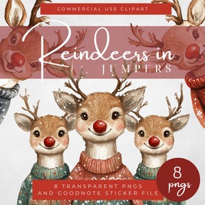 Kerstrendieren in truien Clipart, kerstrendieren illustraties, rode neus rendieren kunst, feestelijke vakantie graphics, kerstkaart