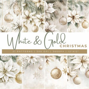 Sfondi natalizi bianchi e dorati, stelle di Natale bianche, texture invernali, rami di pino natalizio con palline dorate, decorazioni festive dorate