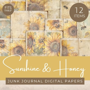Sunflower and Bee Junk Journal Papers, Sunflowers journal paper, Yellow Floral Ephemera, Summer Scrapbooking pages, Honeybee Ephemera