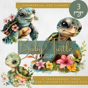 Clipart de tortuga bebé con flores, arte de tortugas marinas, clipart de tortuga nadadora, pegatinas de Goodnotes, pegatinas digitales marinas, pegatinas florales acuáticas
